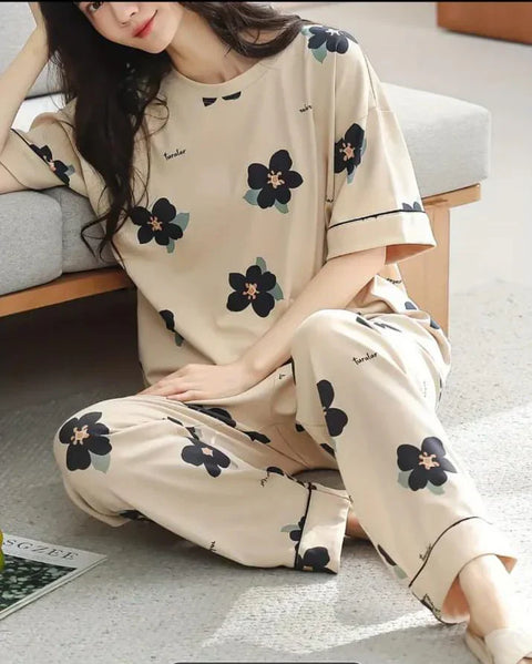 Brown Big Black All Over Flowers Print Half Sleeves