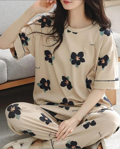 Brown Big Black All Over Flowers Print Half Sleeves