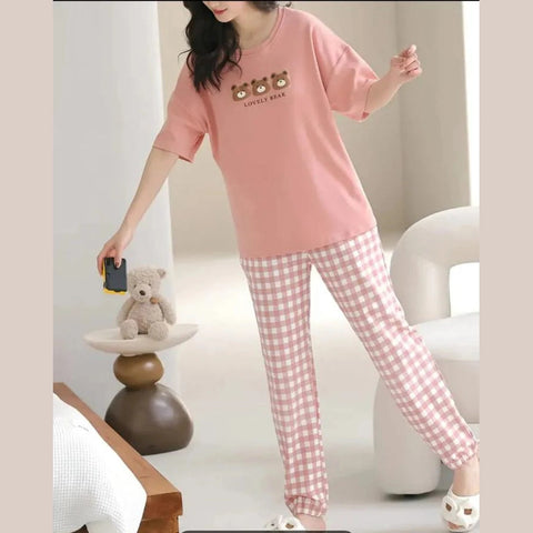 Pink lovely 3 bears Print Half Sleeves Printed Night Suit