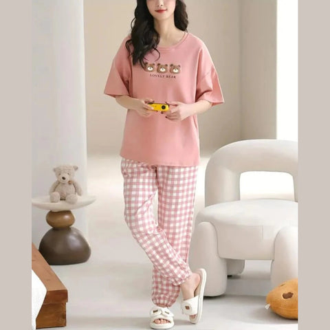 Pink lovely 3 bears Print Half Sleeves Printed Night Suit