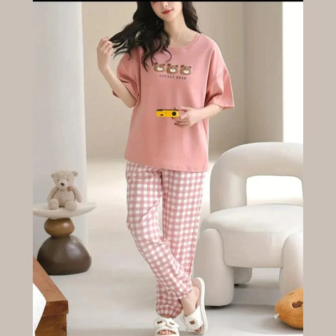 Pink lovely 3 bears Print Half Sleeves Printed Night Suit