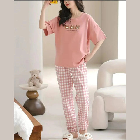 Pink lovely 3 bears Print Half Sleeves Printed Night Suit