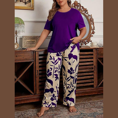 Purple Plain Half-Sleeve Top with Floral Print Pajama Night Suit