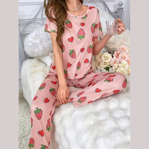 Pink All over Strawberry Half Sleeves with Printed pajama The Ultimate Dream Wear Sleep Suit