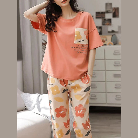 Peach Flower Pocket Printed Night Suit