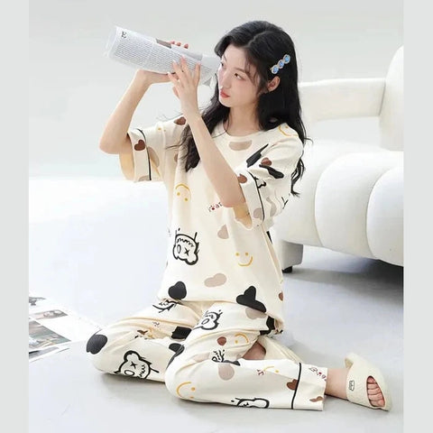 Off White Multi Monster Bear Half Sleeves Printed Night Suit