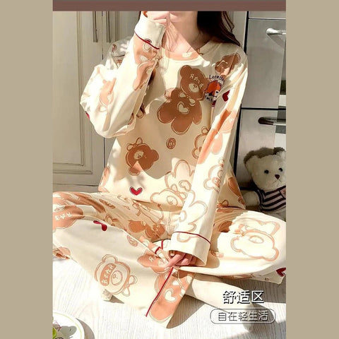 Beige Bears Let Me Sleep Full Sleeves Printed Night Suit