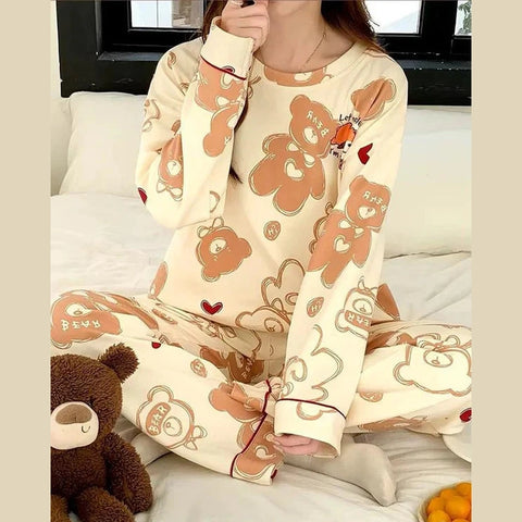 Beige Bears Let Me Sleep Full Sleeves Printed Night Suit