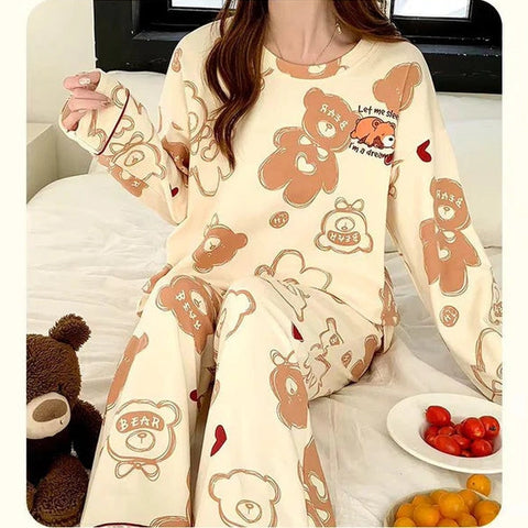 Beige Bears Let Me Sleep Full Sleeves Printed Night Suit