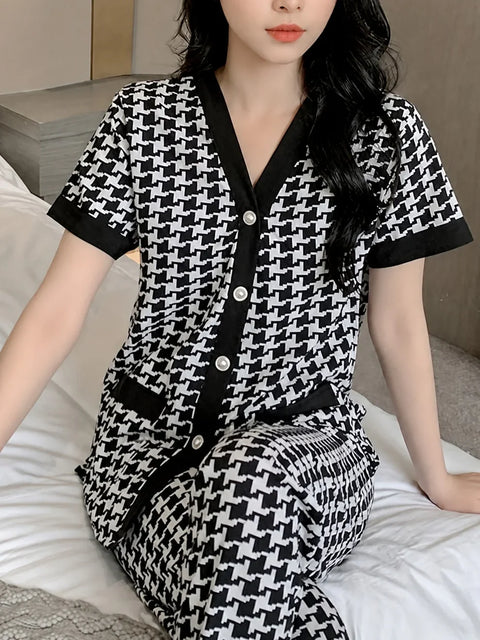 Black And White Small Check Printed Half Sleeves Button Style Night Suit For Her