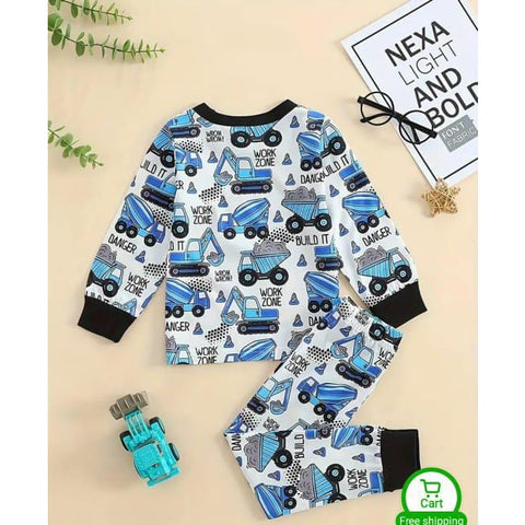 White and Blue Big Truck Printed Kids Suit