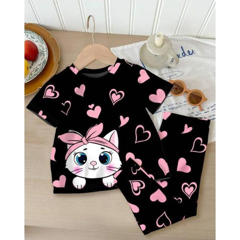 Black Kitty With Pink Hearts Printed Kids Suit