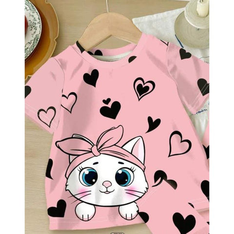 Pink Kitty with Black Hearts Printed Kids Suit