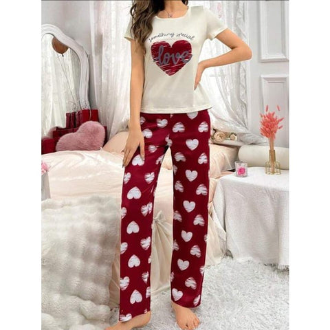 OFF White Love Printed Half Sleeves with Maroon Trouser The Ultimate Dream Wear Sleep Suit