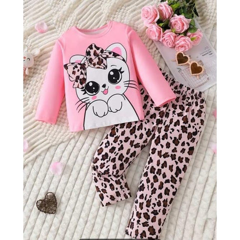 Pink Cute Kitty with Cheetha Pajama Printed Kids Suit
