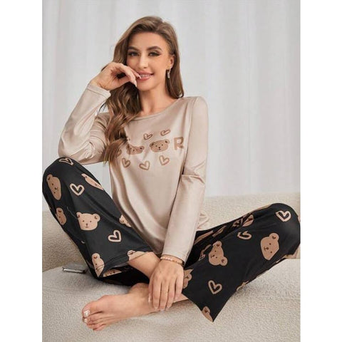 Light Brown Bears Printed Full Sleeves with Black Trouser The Ultimate Dream Wear Sleep Suit