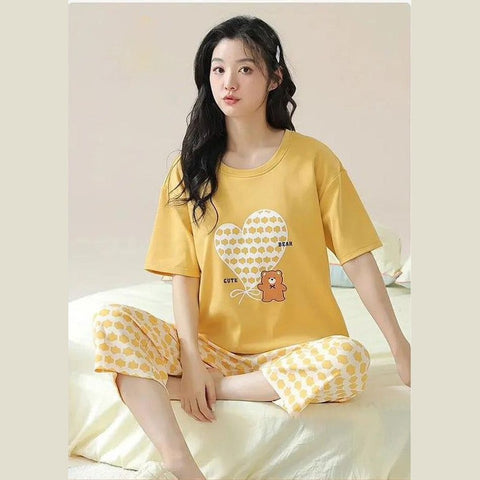 Yellow Bear Heart Printed Night Suit