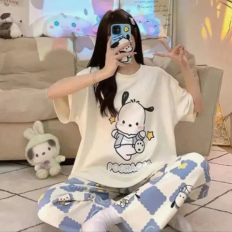 White Pochacco Print Half Sleeves Printed Night Suit Dream Wear Sleep Suit