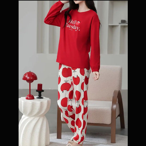 Red Hello Tuesday Print Full Sleeves Night Suite