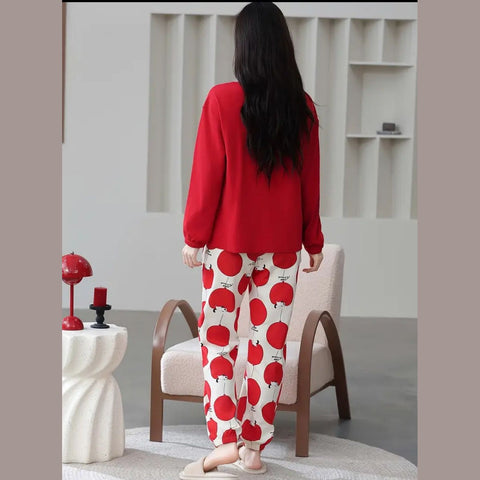 Red Hello Tuesday Print Full Sleeves Night Suite