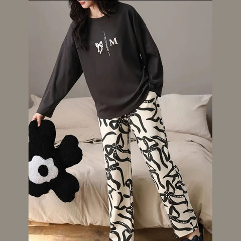 Black Bow Printed Full Sleeves Night Suite