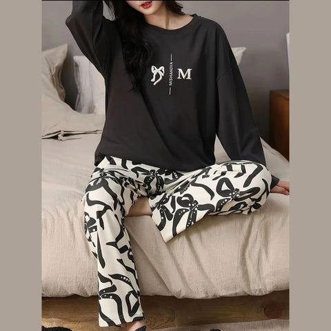 Black Bow Printed Full Sleeves Night Suite