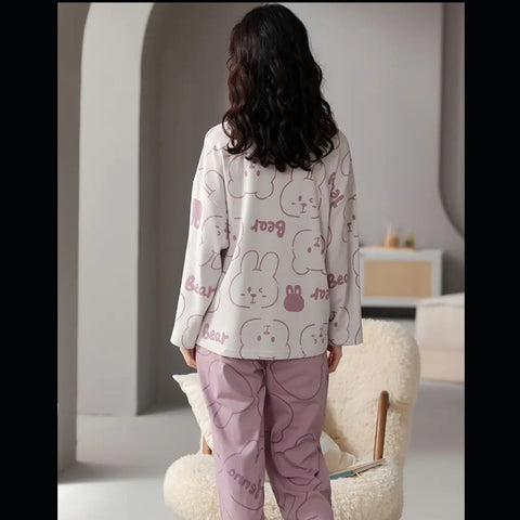 Lilac Cute Bear Printed Full Sleeves Night Suit