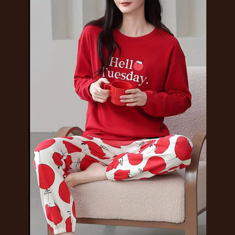 Red Hello Tuesday Print Full Sleeves Night Suite