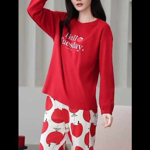 Red Hello Tuesday Print Full Sleeves Night Suite