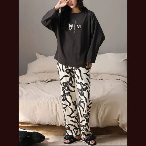 Black Bow Printed Full Sleeves Night Suite