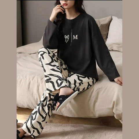 Black Bow Printed Full Sleeves Night Suite