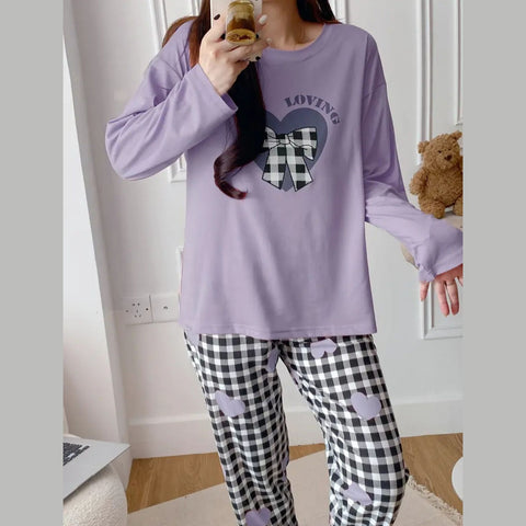 Lilac Loving Heart Printed Full Sleeves Night Suit