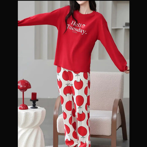 Red Hello Tuesday Print Full Sleeves Night Suite