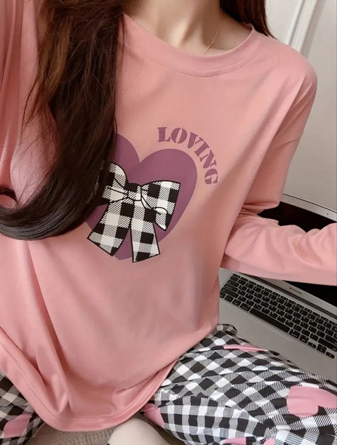 Pink Loving Heart Printed Full Sleeves Night Suit