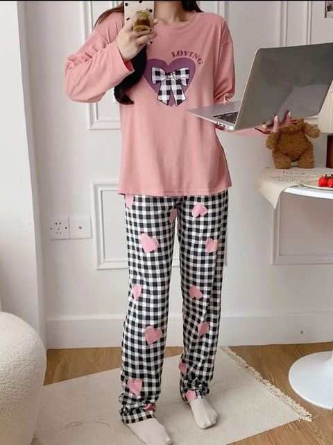 Pink Loving Heart Printed Full Sleeves Night Suit