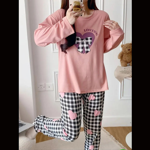 Pink Loving Heart Printed Full Sleeves Night Suit