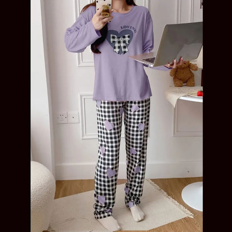 Lilac Loving Heart Printed Full Sleeves Night Suit