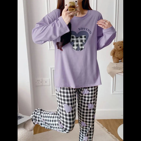 Lilac Loving Heart Printed Full Sleeves Night Suit
