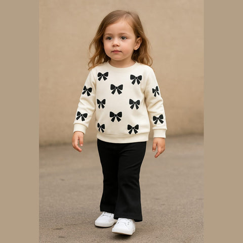 White with Black Bow Trendy Winter Kids Tracksuit