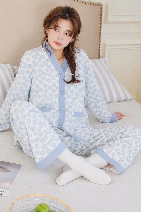 Sky Blue V-Neck Button Printed Pj Set For Her
