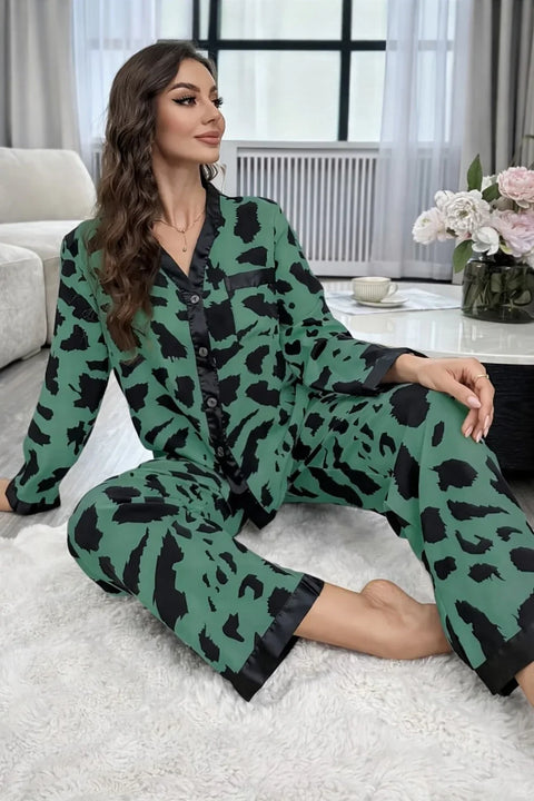 Green with Cheetah V-Neck Button Printed Pj Set For Her