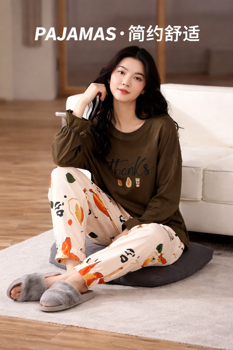 Woman wearing pajamas sitting on a rug in a room with text 'PAJAMAS · 简约舒适'.