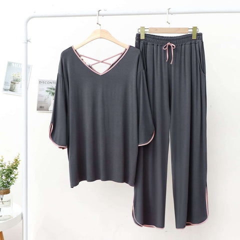 Plain Grey with Pink Lace V Neck with Palazzo Pajama Full Sleeves Night Suit