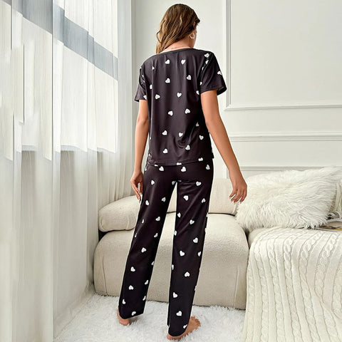 Black With White Hearts Print Half Sleeves T-shirt And Trouser Suit (SP-49)