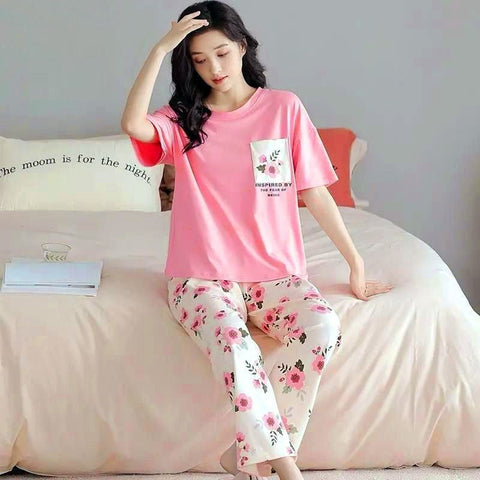 Pink Pocket Flower Printed Night Suit