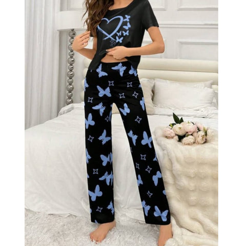 Black With Blue Butterflies Heart Printed T-shirt And Butterflies Printed Trouser Suit (SP-34)