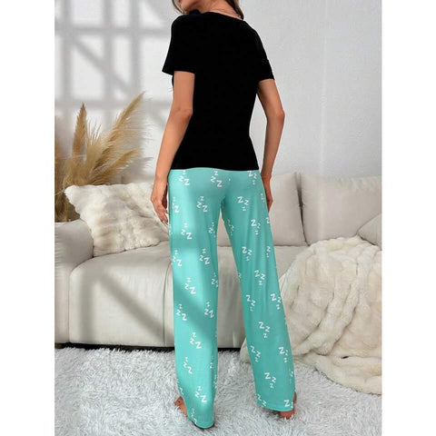 Black Please Do Not Disturb Printed Half Sleeves T-shirt With Printed Trouser Suit (SP-36)