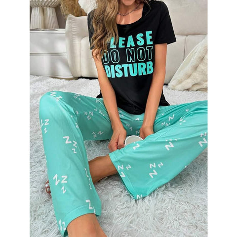 Black Please Do Not Disturb Printed Half Sleeves T-shirt With Printed Trouser Suit (SP-36)