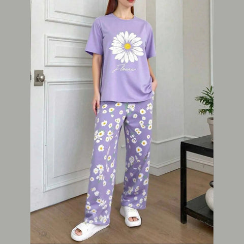 Lilac Sun Flowers Printed Half Sleeves Night Suit The Ultimate Dream Wear Sleep Suit