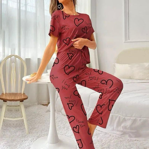 Maroon Heart Printed Night Suit